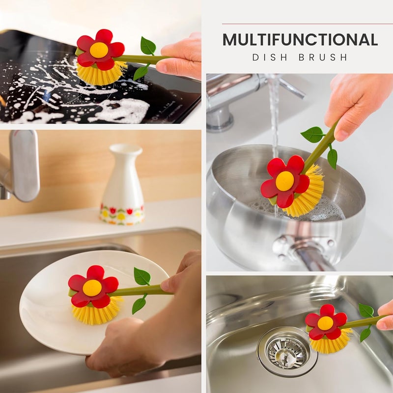 Vigar Flower Power Dish Brush with Vase Brush Holder, Dish Brush with Handle for Pot Scrubber, Dishes, Sink, and Kitchen Essentials, White, Red - Image 4